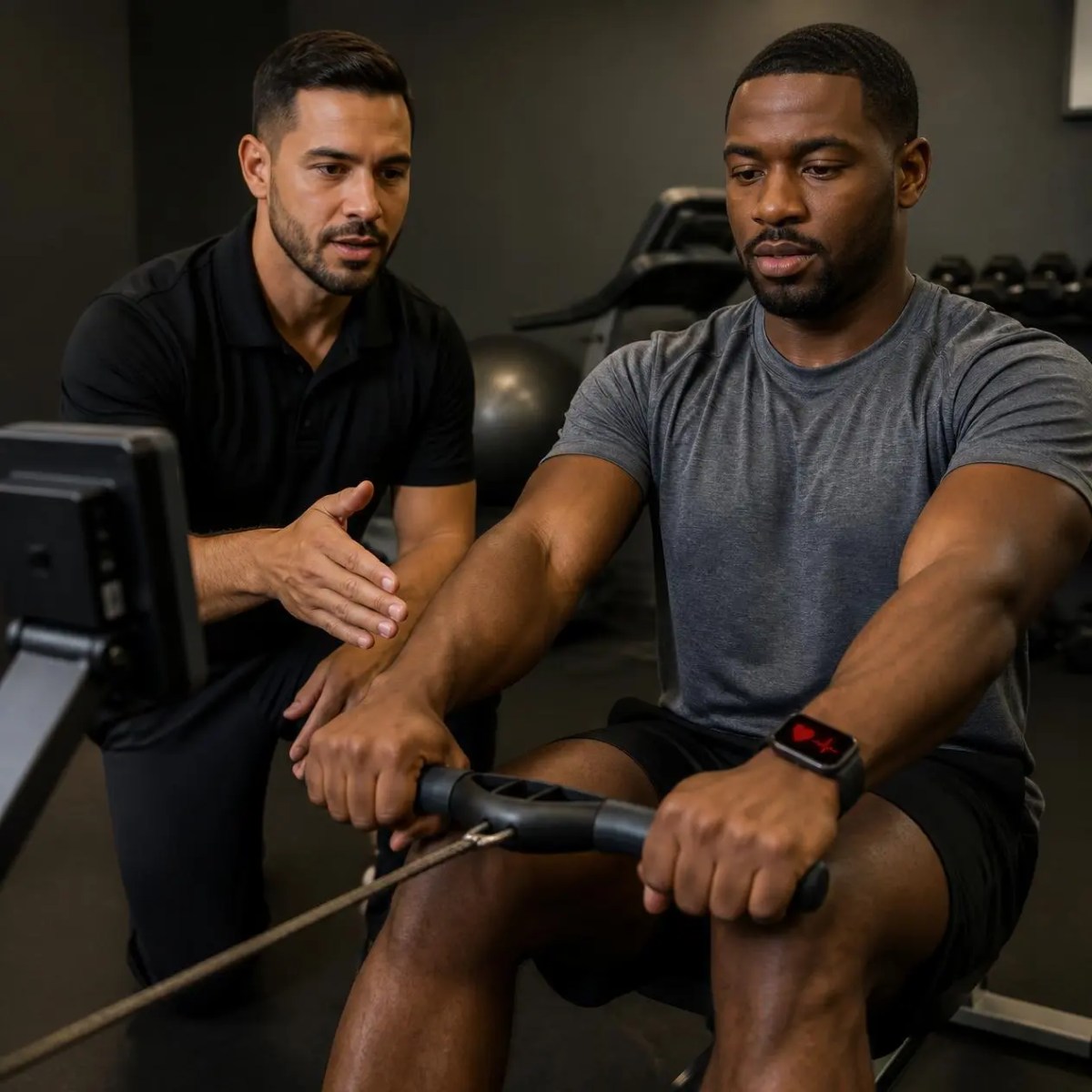 A fitness trainer coaches a man on a rowing machine tracking his pulse on a smart watch in Hoffman Estates, IL.