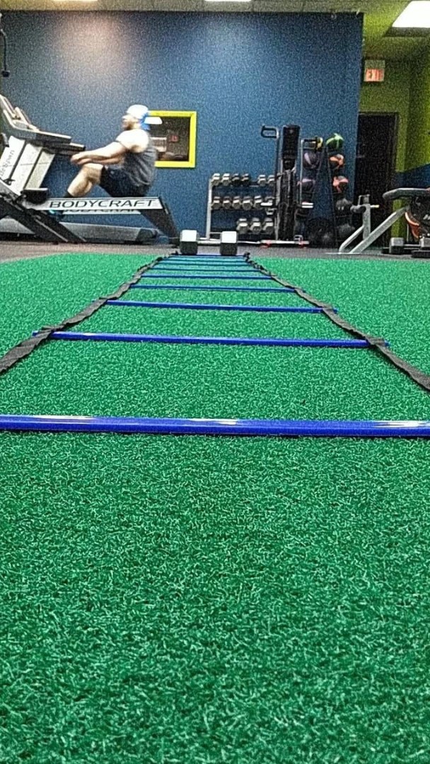 Blue agility ladder spread across green artificial turf in a Hoffman Estates gym.
