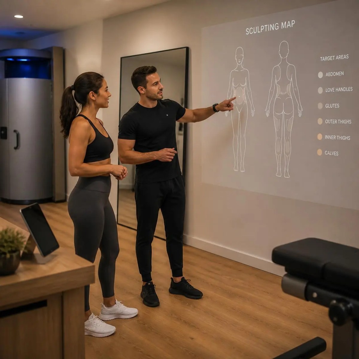 A specialist points to a body contouring treatments map for a client in Arlington Heights, IL.