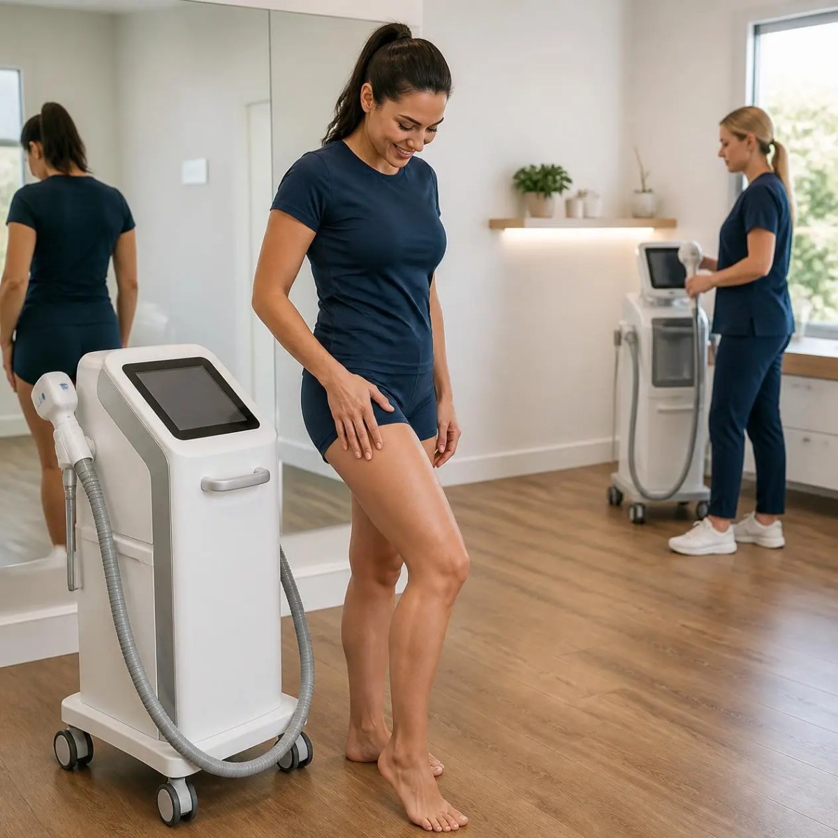 A fit woman looks at her toned leg next to a clinical body sculpting machine in Palatine, IL.