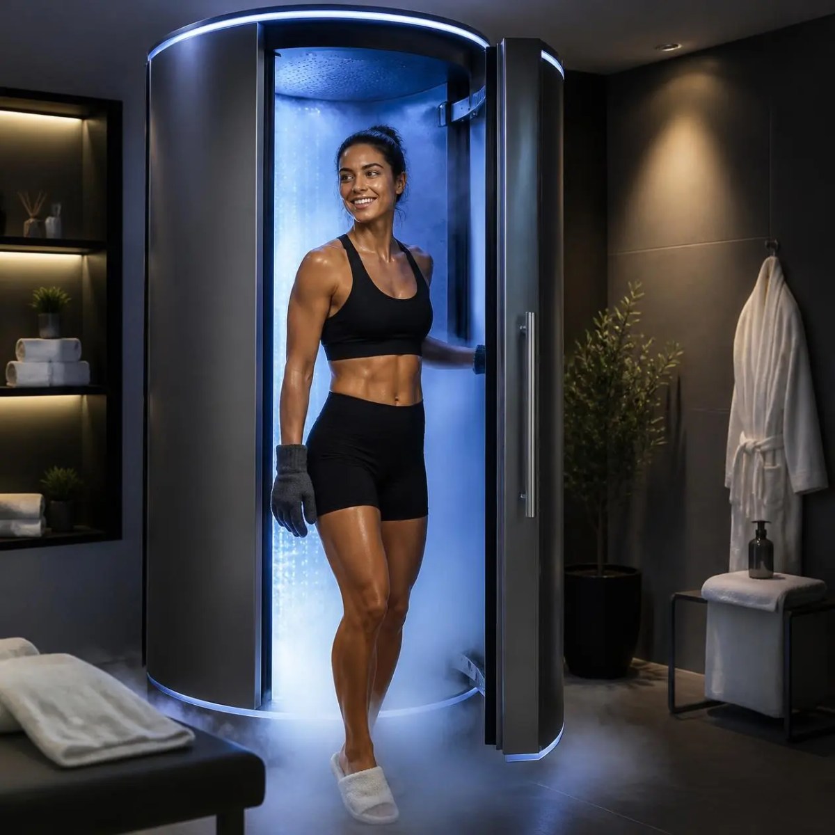 An athletic woman steps out of a cold body toning chamber in Schaumburg, IL.