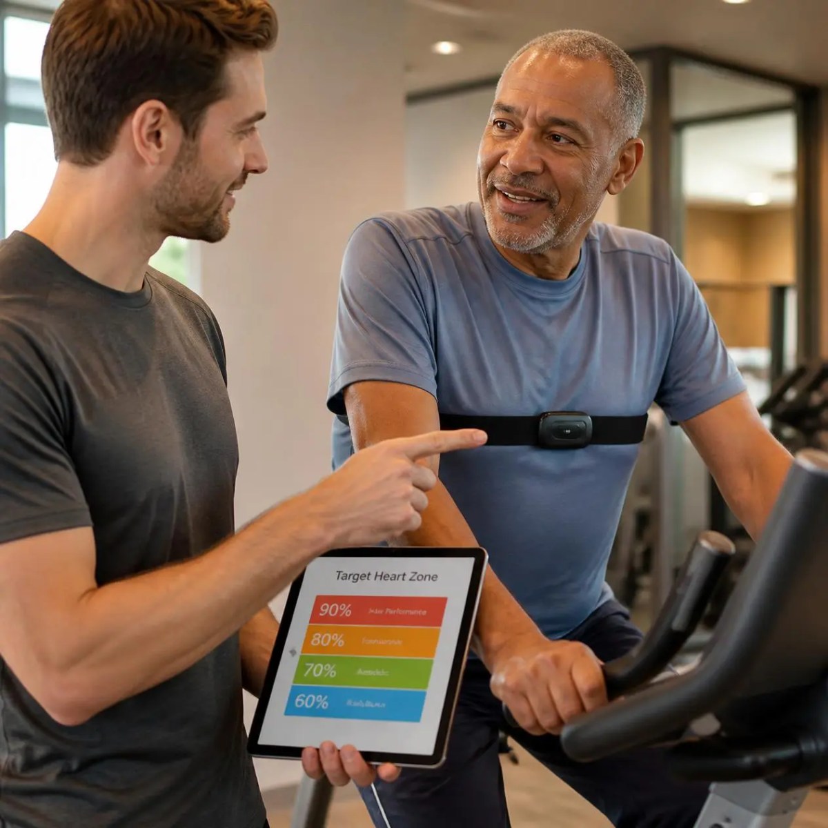 A professional fitness trainer points to a target heart rate zone card for an older man on a gym bicycle in Arlington Heights, IL.