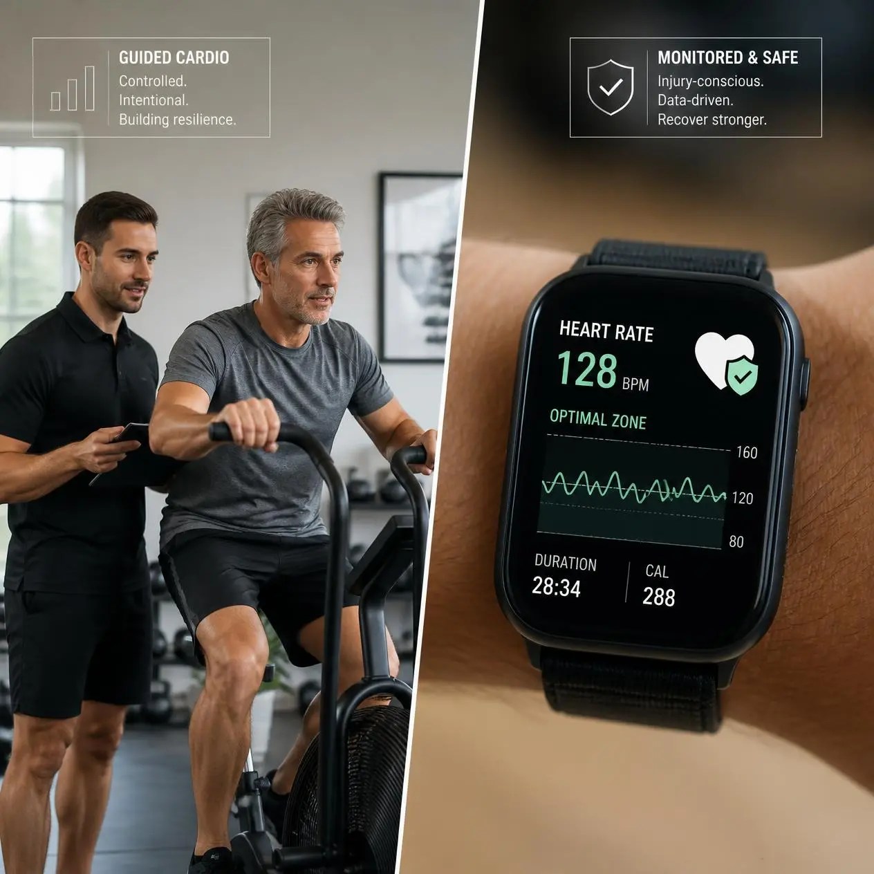 A side-by-side shot of a trainer guiding a man on an air bike and a smart watch tracking optimal heart rates in Schaumburg, IL.