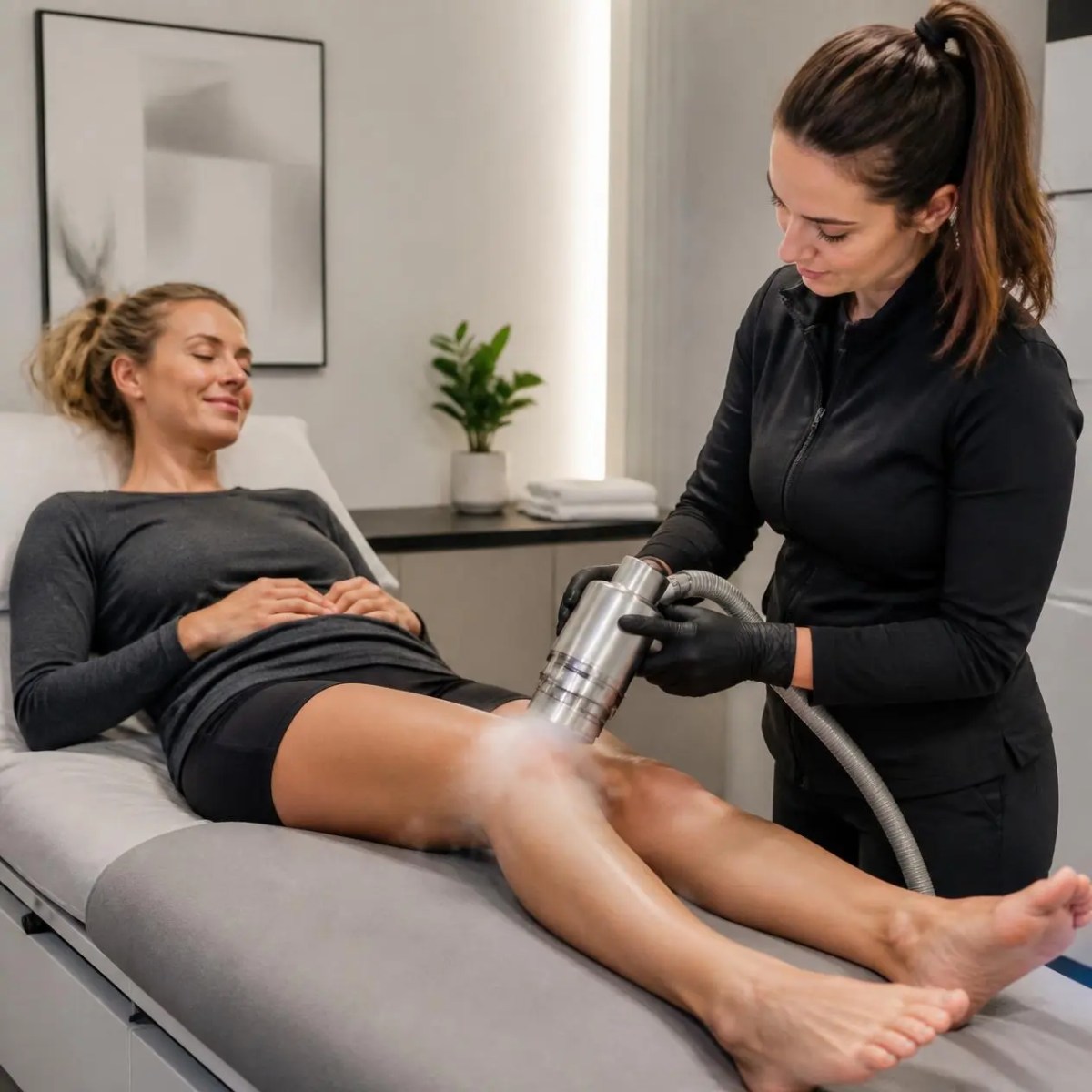 A therapist applies a targeted cold vapor machine to a woman knee for chronic pain relief in Barrington, IL.