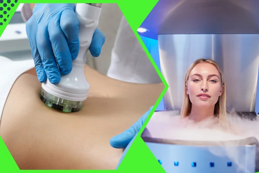Localized body sculpting treatment wand next to a woman in a cryotherapy chamber in Arlington Heights.