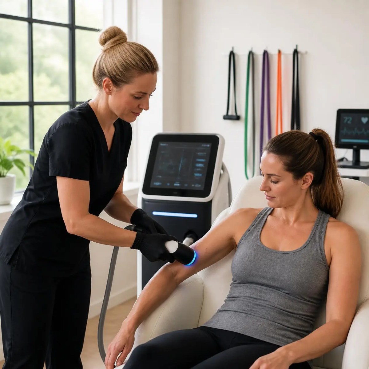 A professional technician administers cryotherapy fat reduction on a woman upper arm in Barrington, IL.