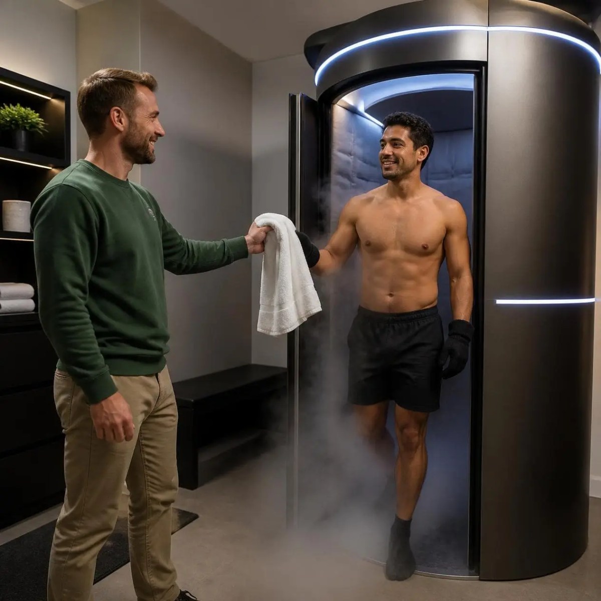 A man steps out of a cool cryotherapy chamber while an assistant offers a towel in Schaumburg, IL.