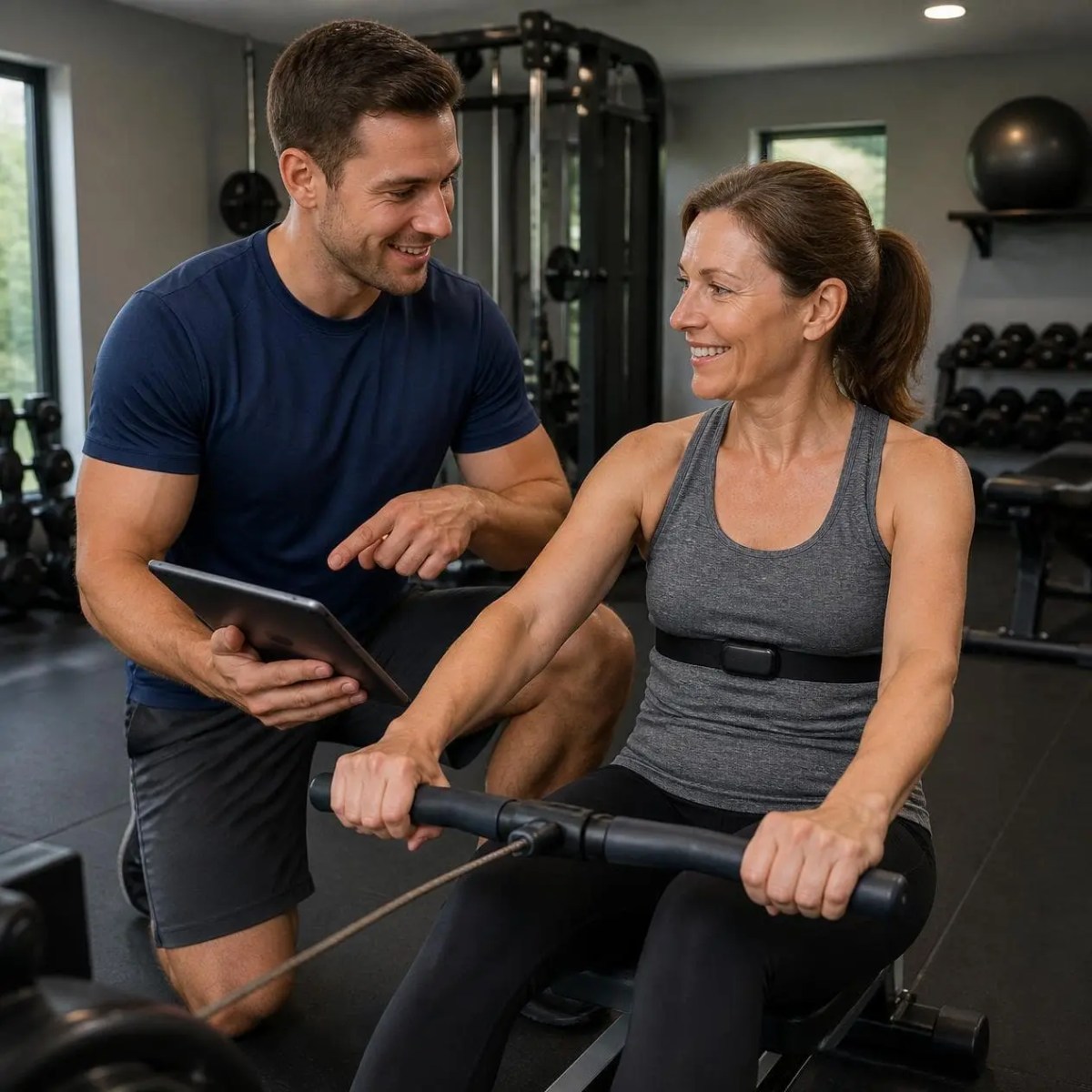 A fitness coach shows workout data on a tablet to a woman on a rowing machine in Arlington Heights, IL.