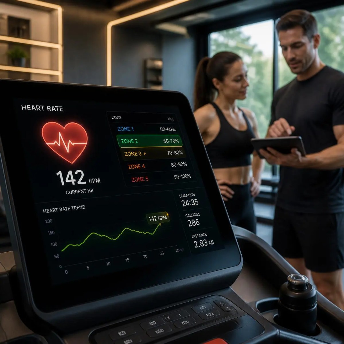 A treadmill screen displays a heart rate of 142 while a trainer and client discuss results in Barrington, IL.