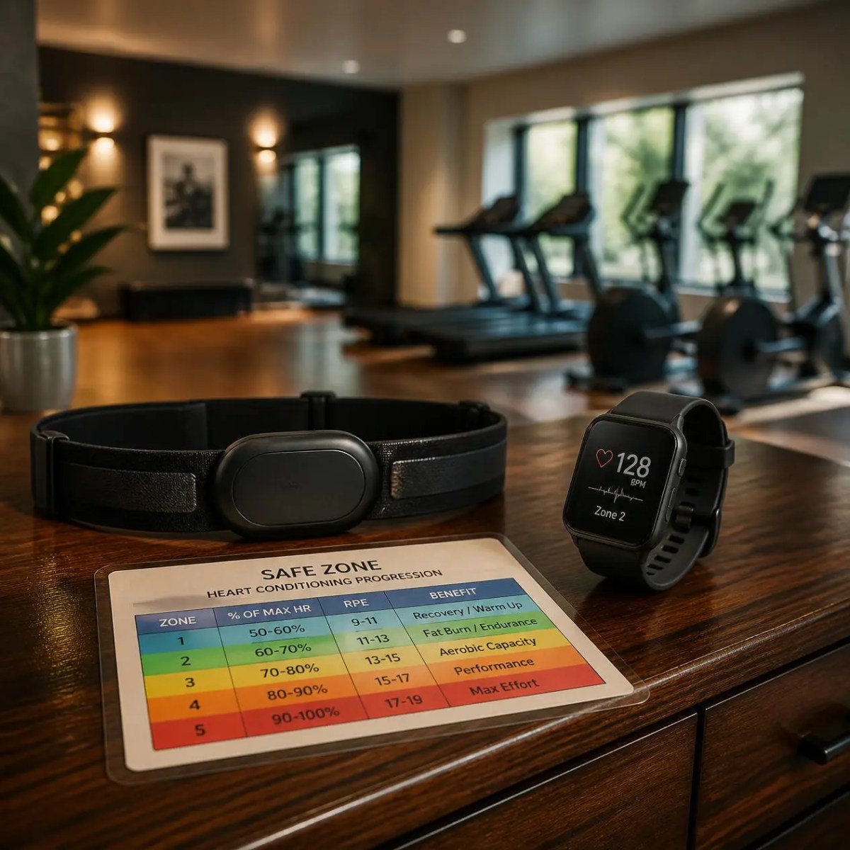 A chest strap monitor, a smart watch showing a heart rate of 128, and a training zone card on a table in Palatine, IL.