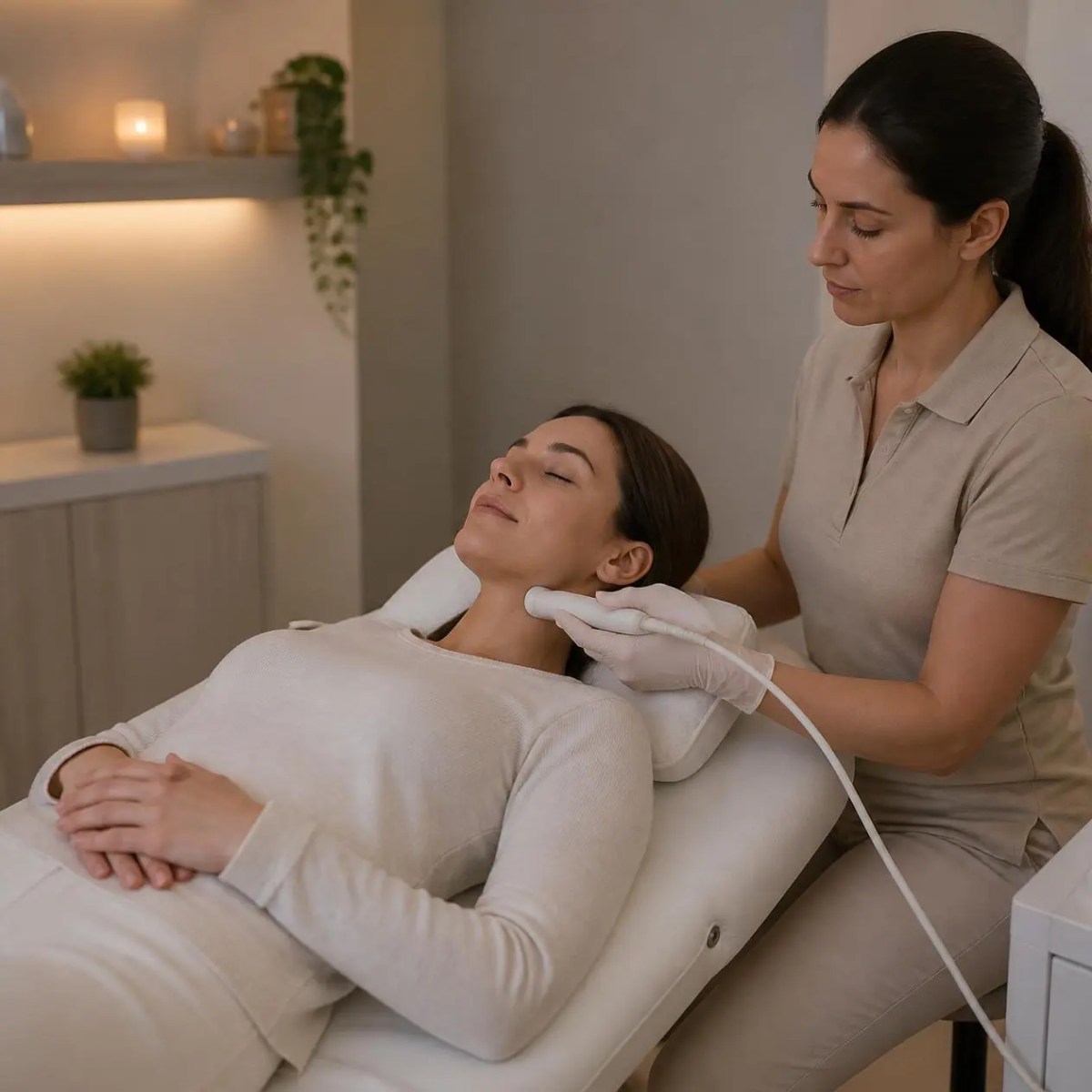 A practitioner applies localized skin therapy to a relaxed woman neck in Arlington Heights, IL.
