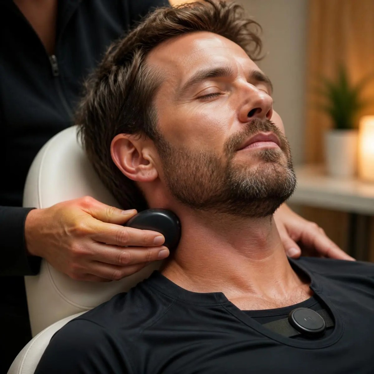 A specialist applies a smooth stone to a client neck during a local weight loss coach session in Barrington, IL.