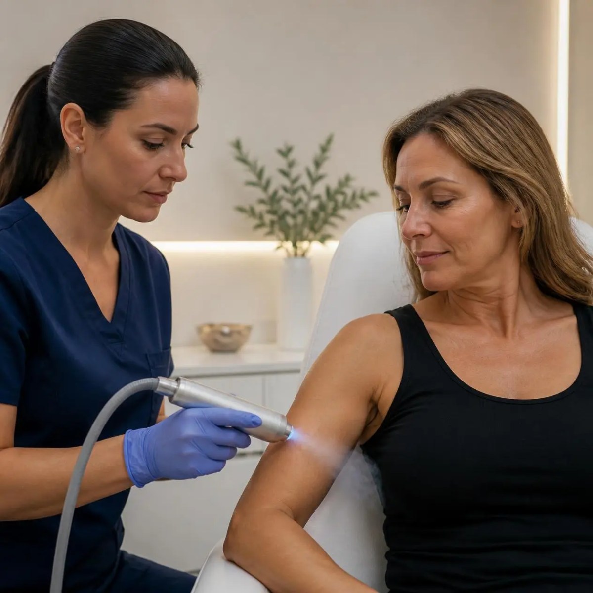 A technician uses a localized cryotherapy wand on a woman upper arm for skin tightening in Hoffman Estates, IL.