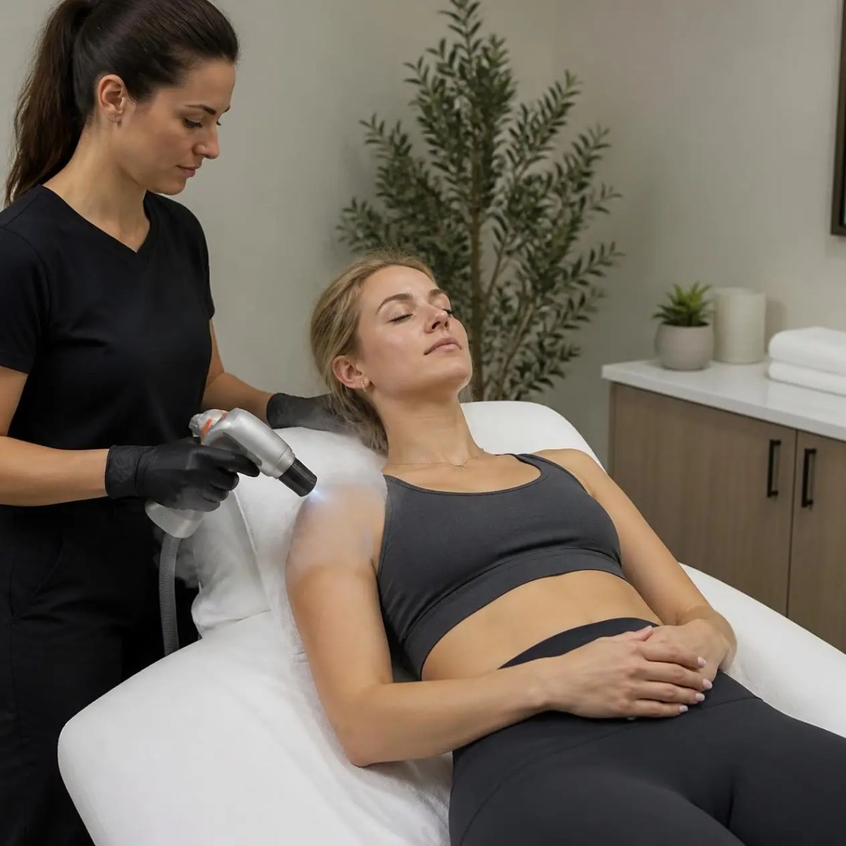 A woman receives targeted localized cryotherapy on her shoulder to ease tension in Barrington, IL.