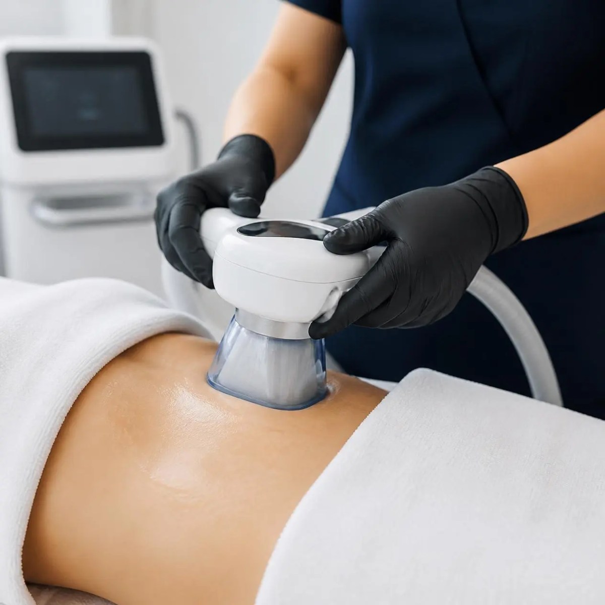 A close up of a wellness applicator administering a localized fat freeze to a belly in Hoffman Estates, IL.