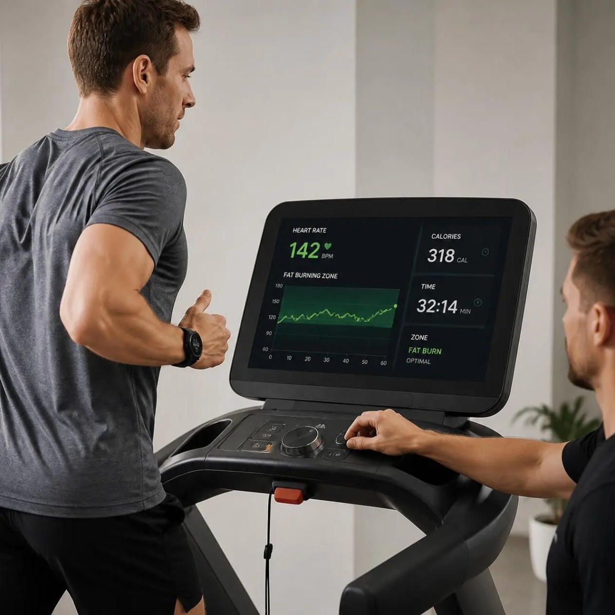 A man runs on a treadmill displaying fat burning zone metrics during a medical weight loss program in Schaumburg, IL.
