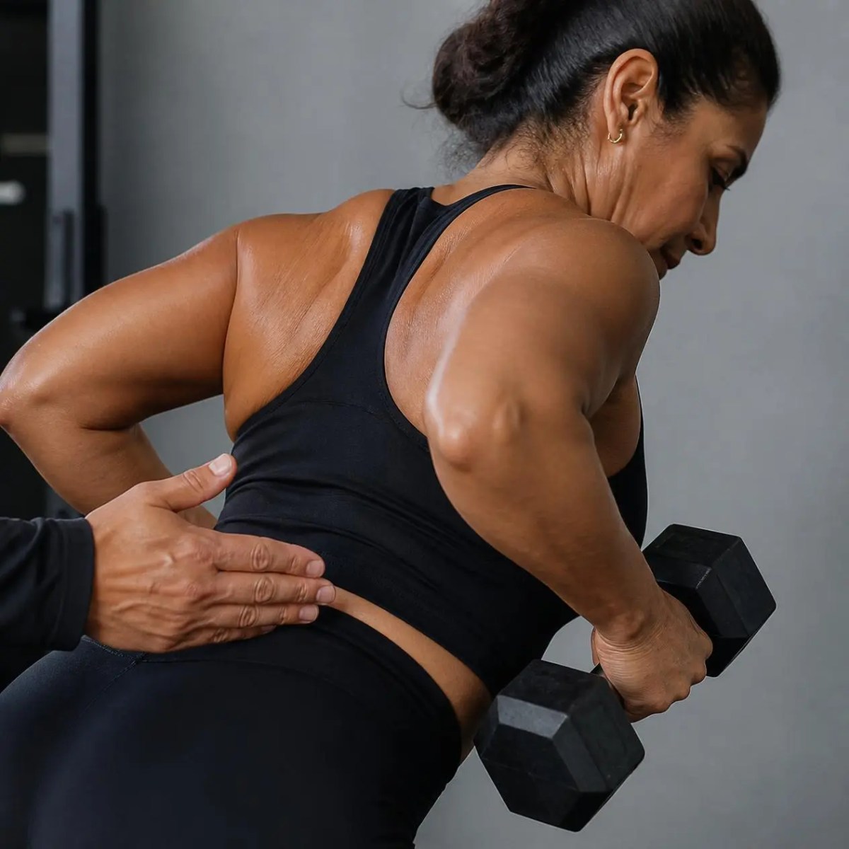 A coach adjusts a woman back alignment during muscle toning workouts with dumbbells in Barrington, IL.
