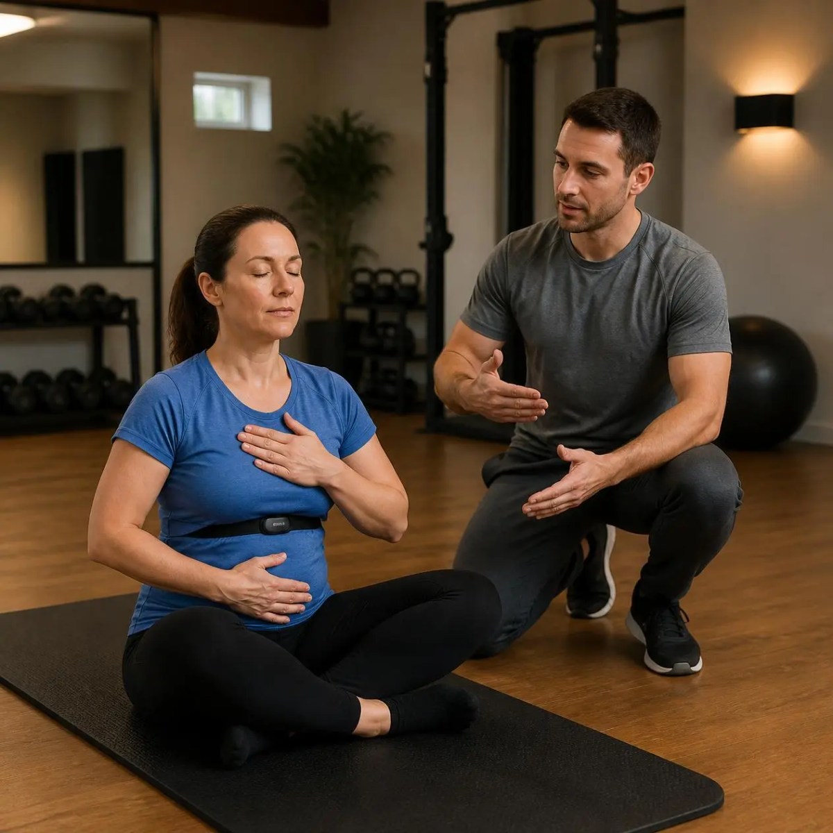 A trainer instructs a woman in breathwork for nervous system regulation on a mat in Barrington, IL.