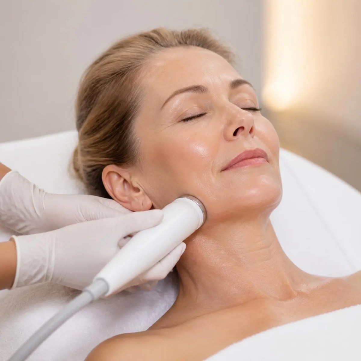 A specialist performs non-invasive skin tightening on a woman face using a cold wand therapy session in Barrington, IL.