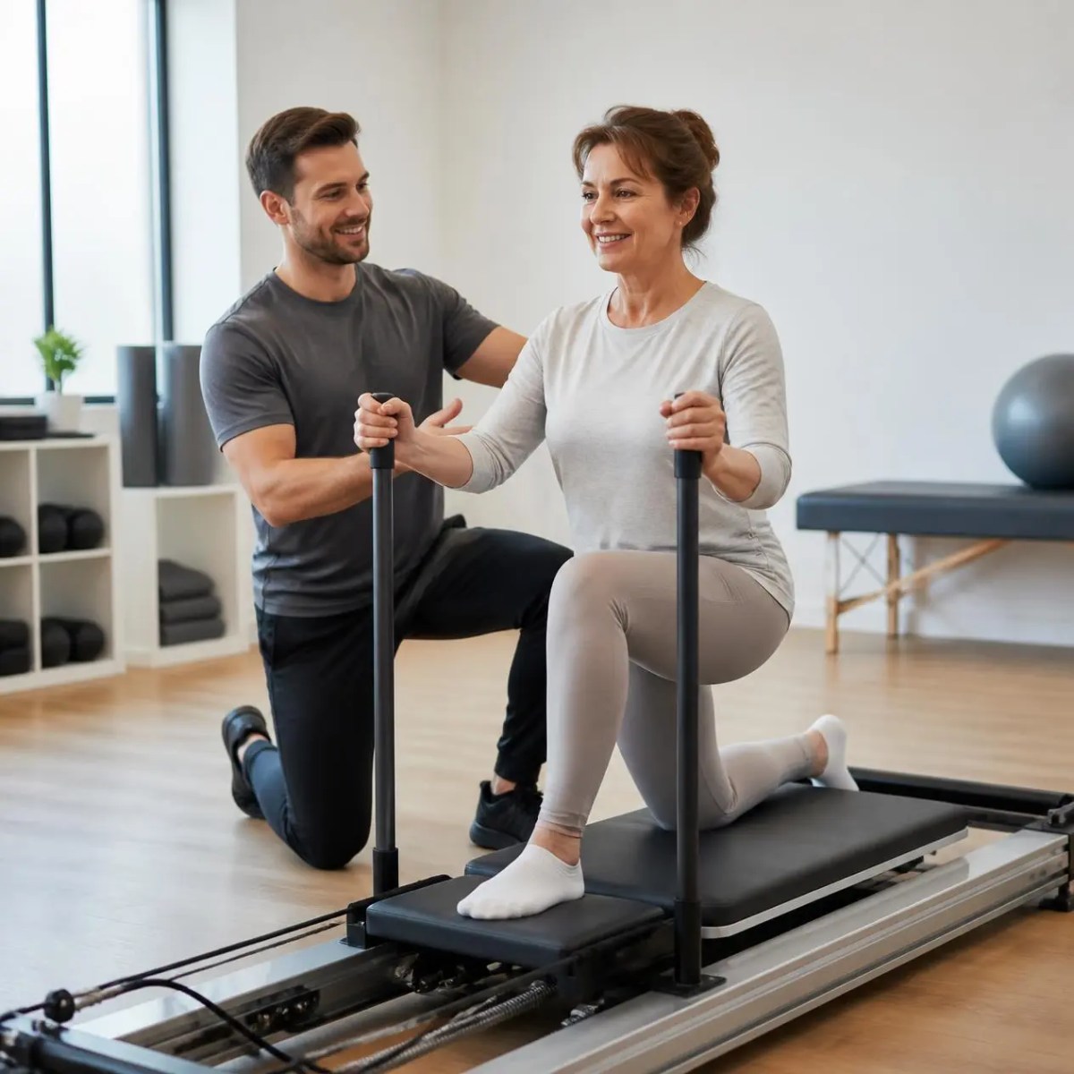 A smiling instructor monitors a woman performing core exercises on a pilates reformer in Hoffman Estates, IL.