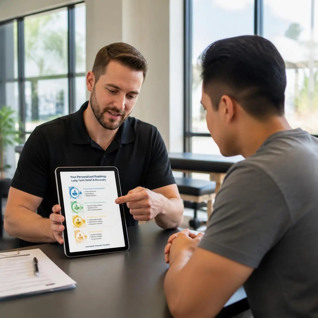 A clinical specialist explains a personalized recovery roadmap to a male patient in Palatine, IL.
