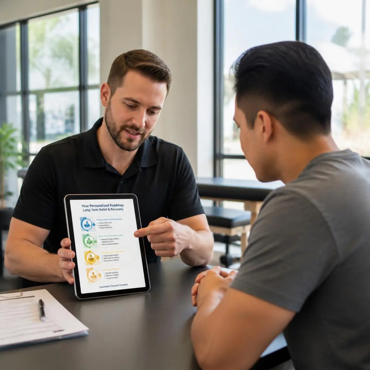 A clinical specialist explains a personalized recovery roadmap to a male patient in Palatine, IL.