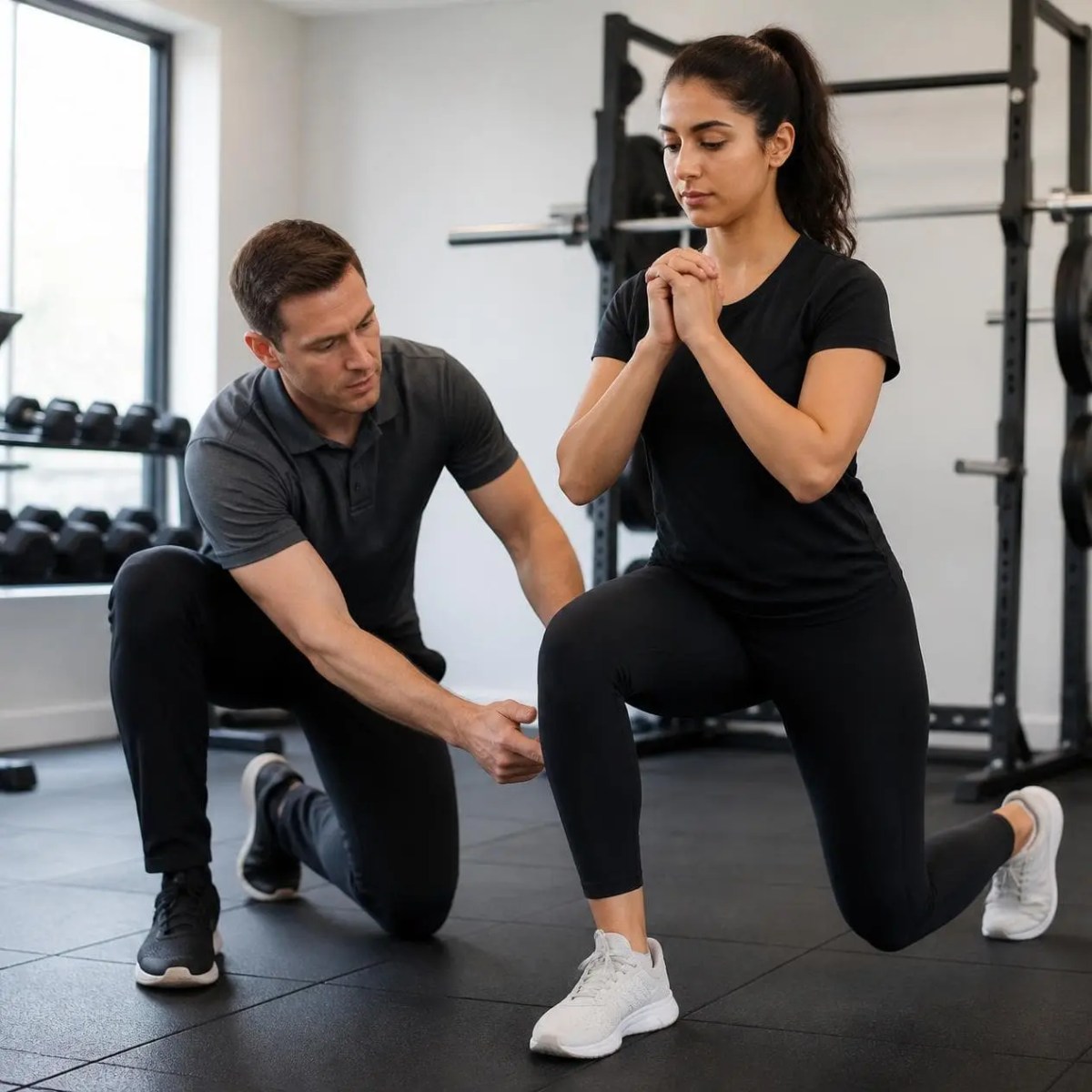 A male personal trainer guides a woman performing lunges in a Palatine, IL gym.
