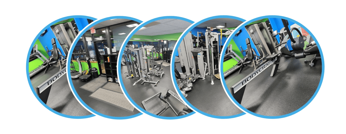 Circular image collage featuring strength machines inside a personal training studio in Barrington.