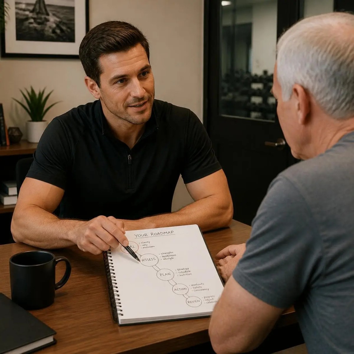 A fitness specialist charts a custom workout roadmap for a client during a consultation in Barrington, IL.