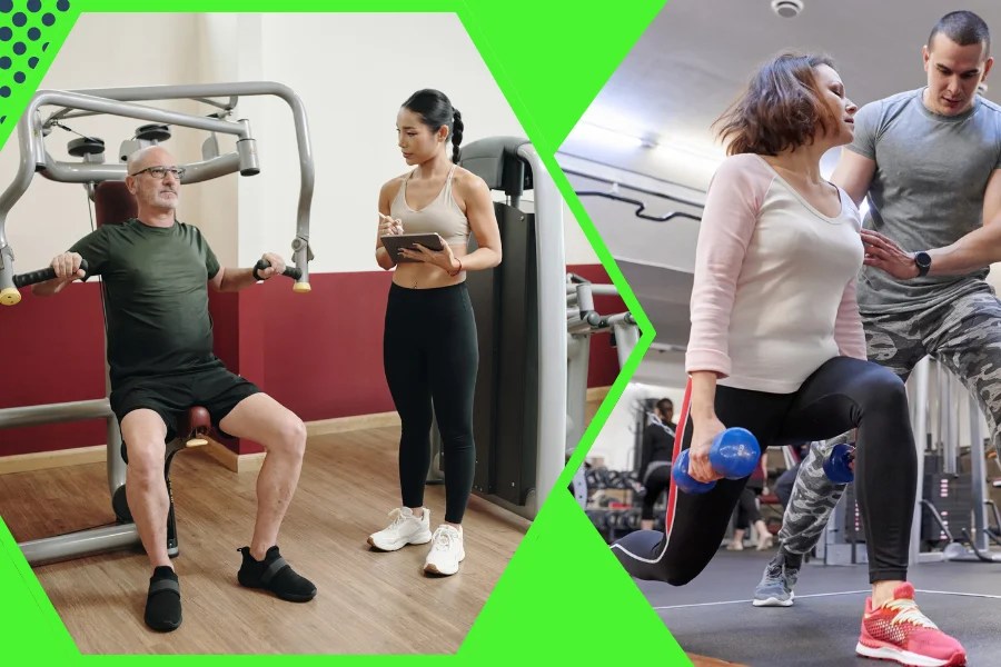 Trainers providing personal workout coaching during chest press and dumbbell lunge exercises in Inverness.