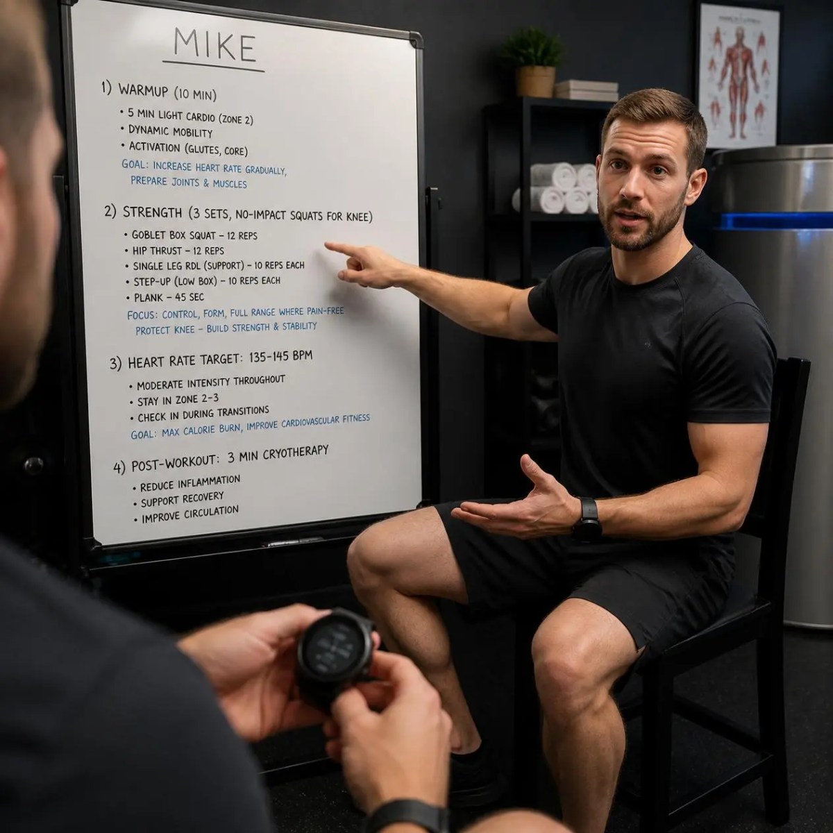 A trainer points to a fitness whiteboard during a personalized weight loss program consultation in Palatine, IL.