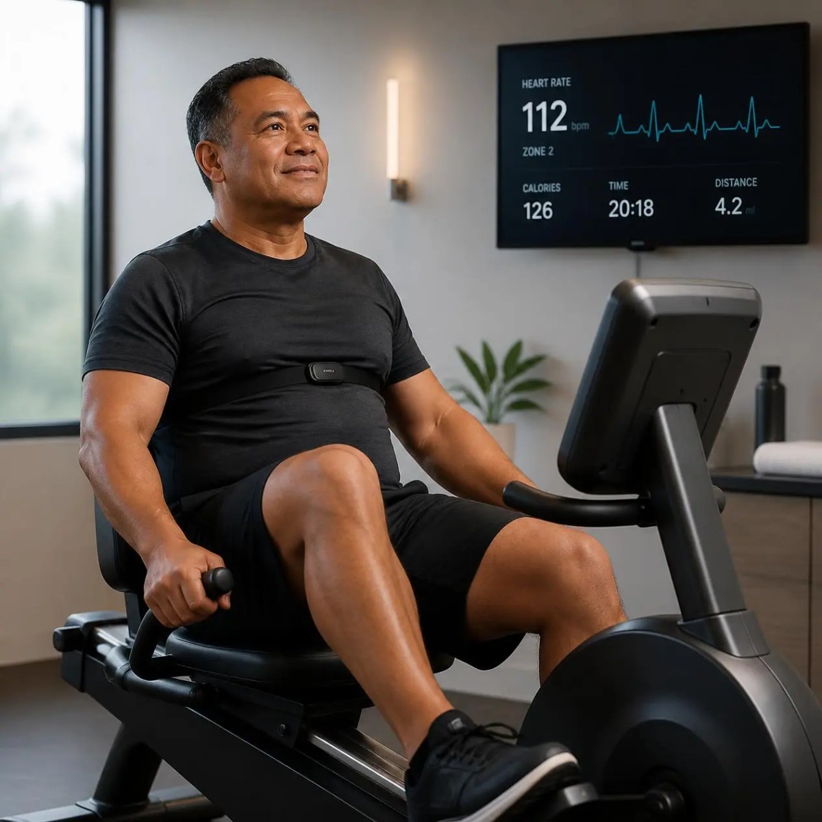 A smiling mature man trains on a recumbent stationary bicycle monitoring vital signs in Schaumburg, IL.