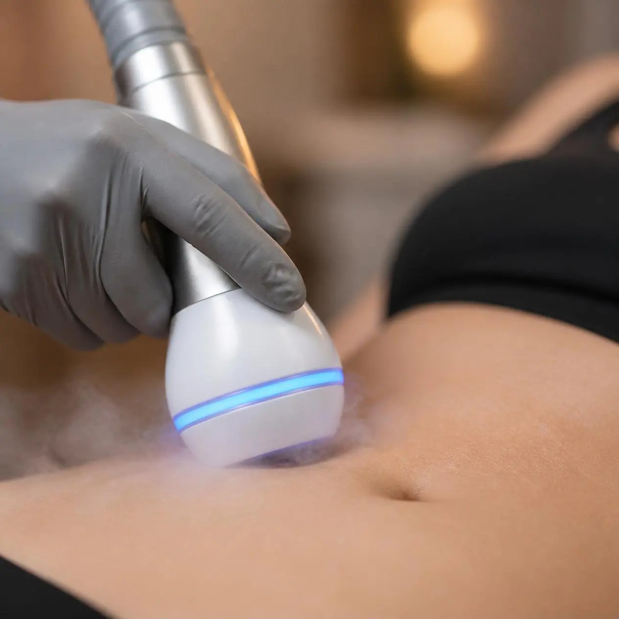 A close up of a technician applying a localized cryotherapy wand to a client abdomen for skin tightening in Palatine, IL.