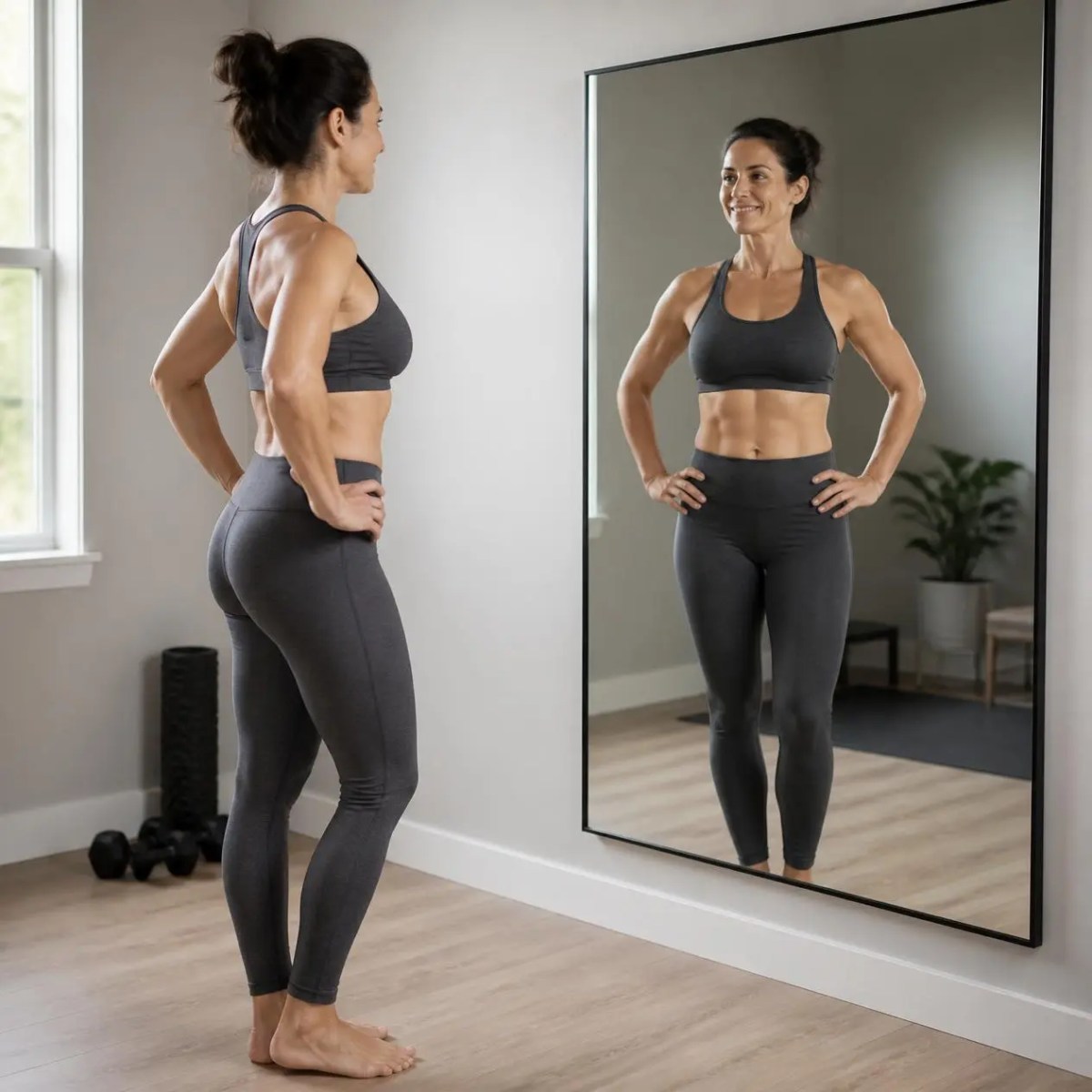 A confident woman standing in a gym looking at her toned body reflection after skin tightening in Schaumburg, IL.