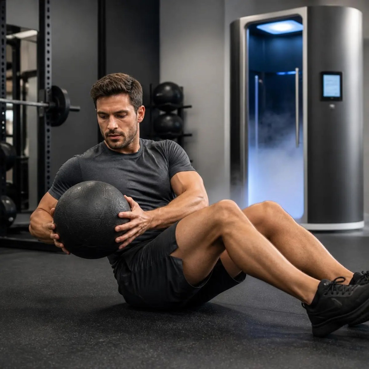 A man performs medicine ball twists to practice skin toning exercises in Hoffman Estates, IL.