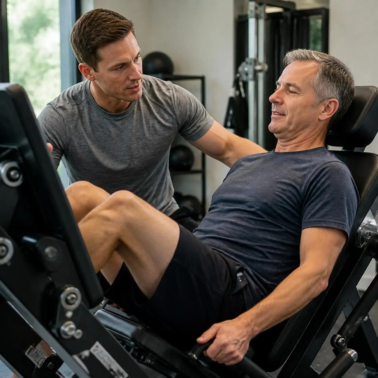 A fitness coach guides a mature man using a gym leg press machine for strength training in Hoffman Estates, IL.