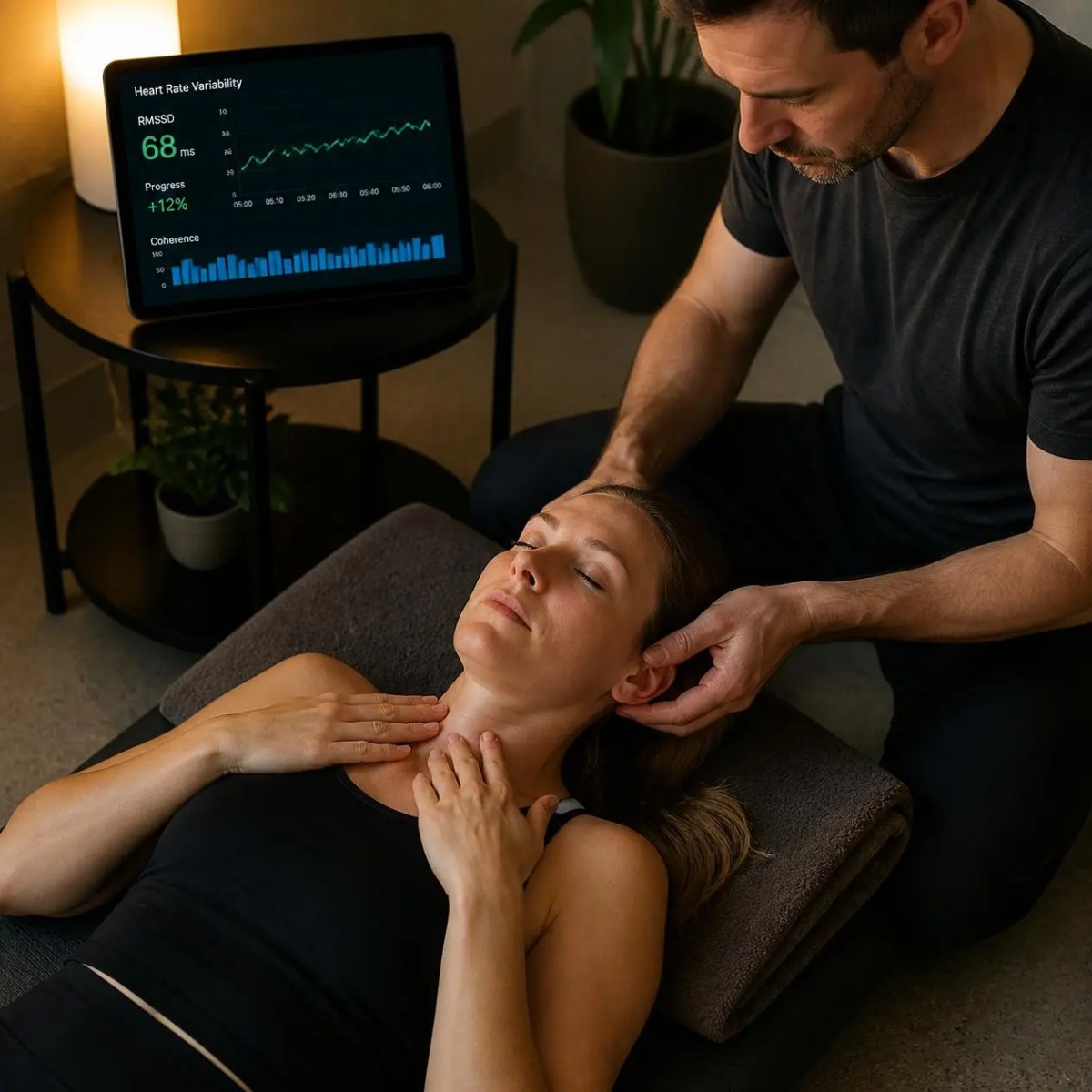 A specialist guides a lying woman through vagus nerve exercises while monitoring heart rate variability in Palatine, IL.