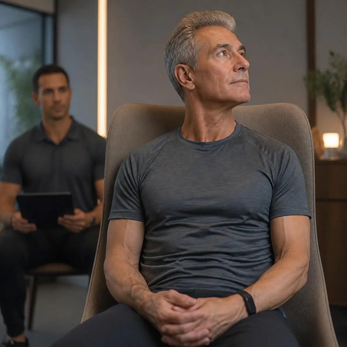A mature man performs a basic eye movement vagus nerve reset in a chair in Schaumburg, IL.