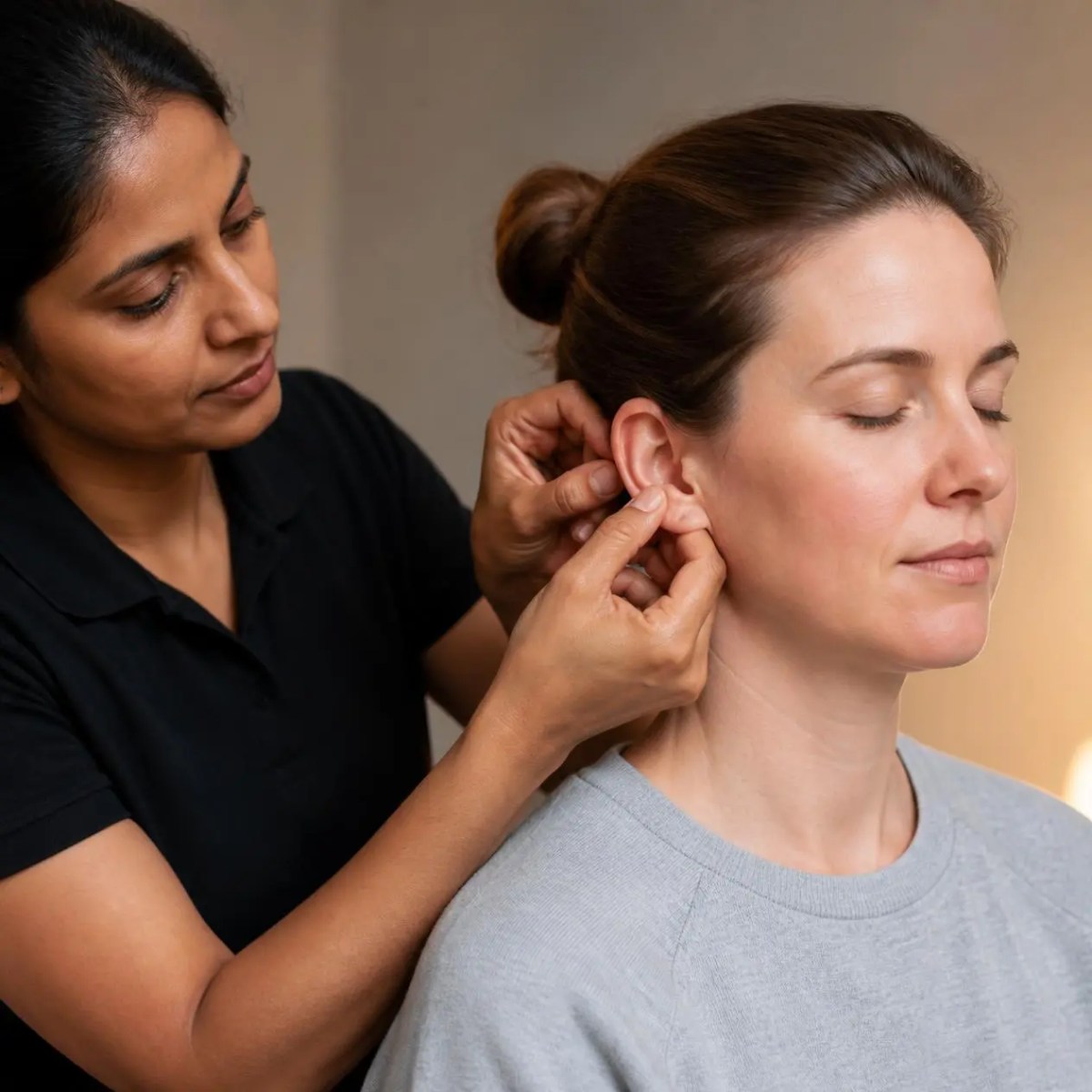 A clinician performs auricular vagus nerve stimulation on a relaxed woman in Arlington Heights, IL.