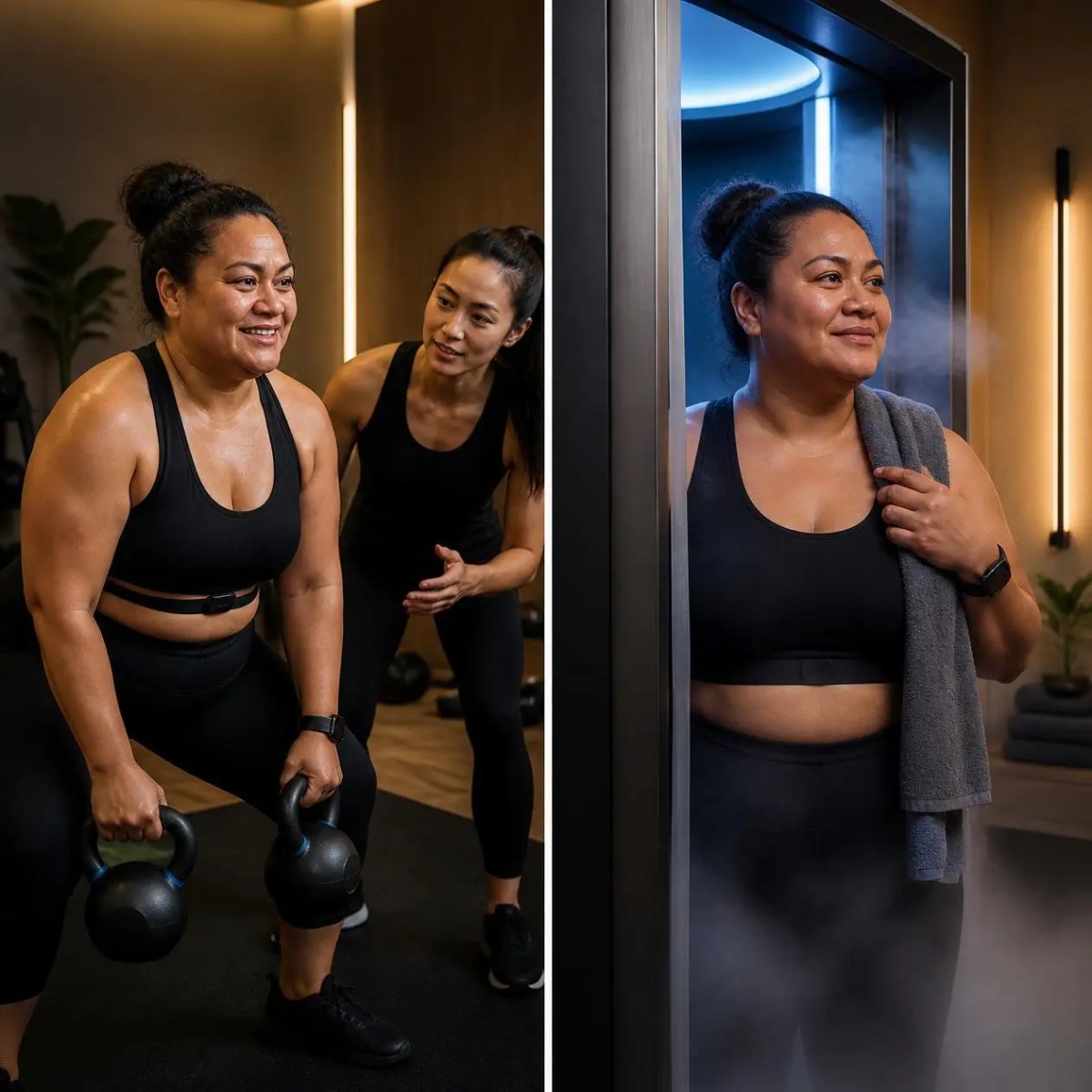 A split image of a woman performing squats with kettlebells and using a cryotherapy chamber in Buffalo Grove, IL.